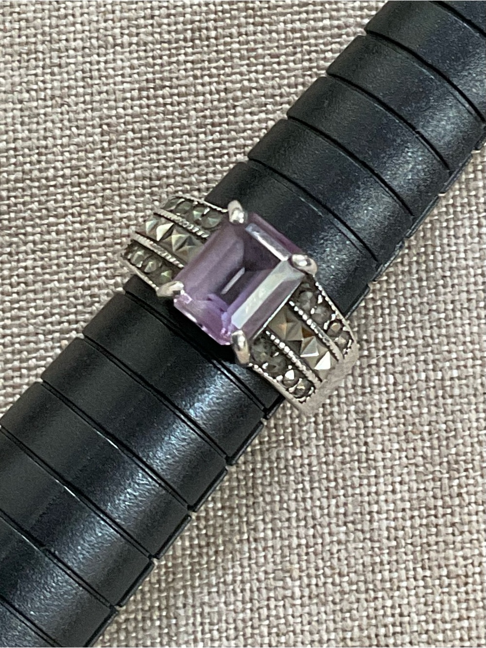 Vintage 925 Sterling Silver Amethyst Marcasite Ring Size 6 Art Deco Style - Picture 12 of 14